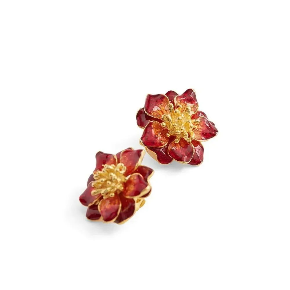 KENNET JAY LANE Gold Burgundy Enamel Flower Clip Earrings - Picture 4 of 4